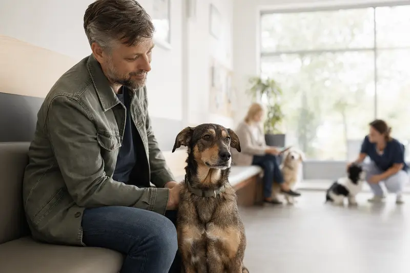 Ein Bawarski Sokol Hund sitzt ruhig neben seinem Besitzer im hellen Wartezimmer einer modernen Tierarztpraxis.